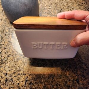 White Butter Dish with Wooden Lid